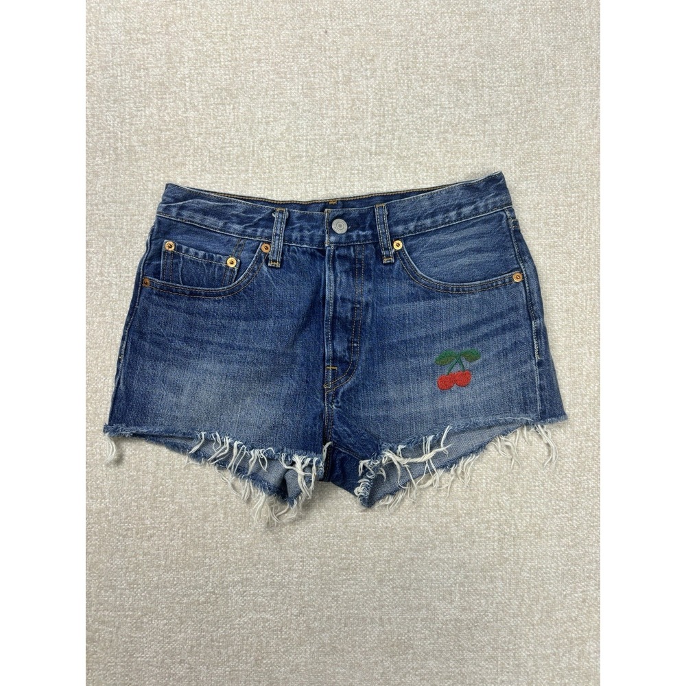 Denim Cutoff Shorts with Cherry Embroidery - Blue